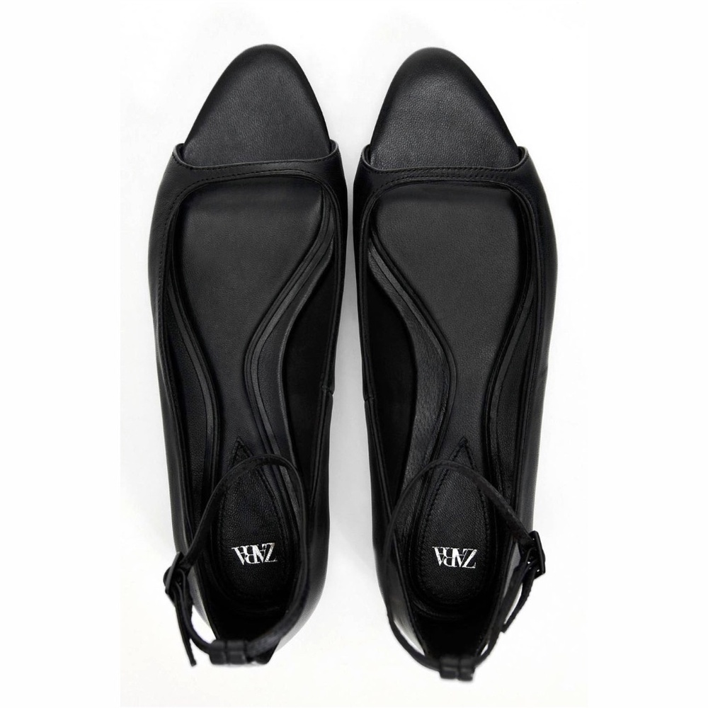 ZARA Flat Open Pointed Toe Black Leather Ballet Flats